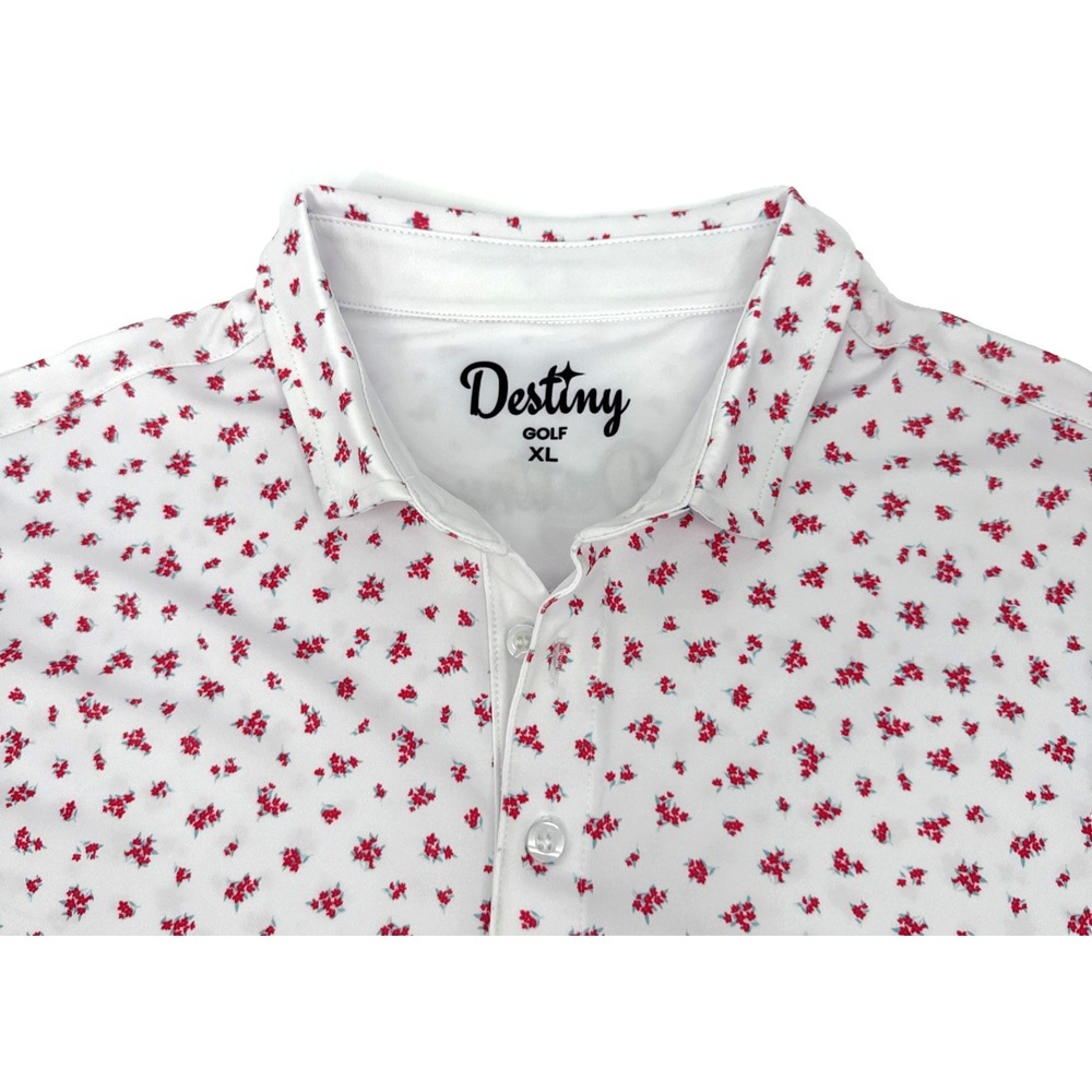 Destiny Golf Polo Men's XL‎ White Red Floral Performance Stretch